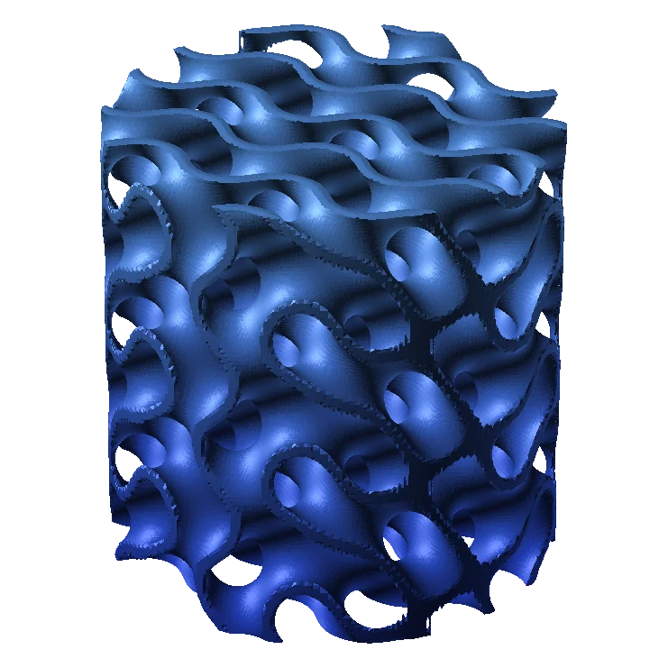 Cylindrical gyroid lattice sample rendered from its level-set equation
